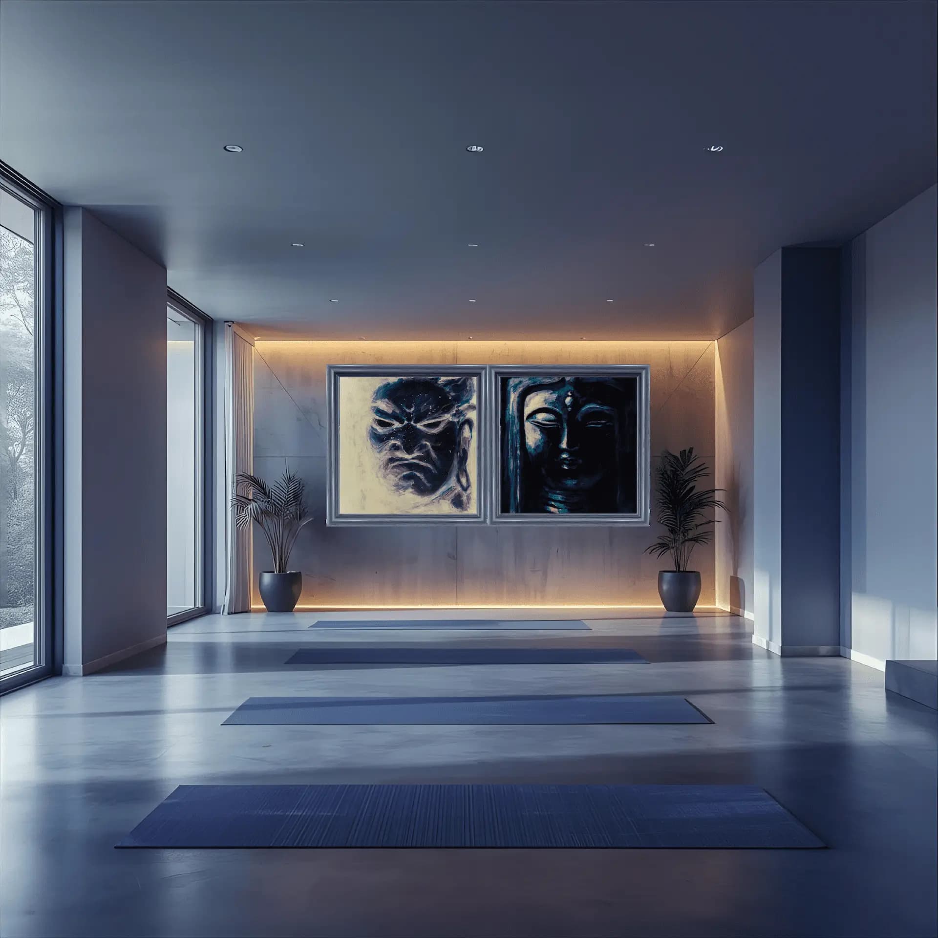 Yoga Studio background with Fudo Myo painting and Quan Yin painting