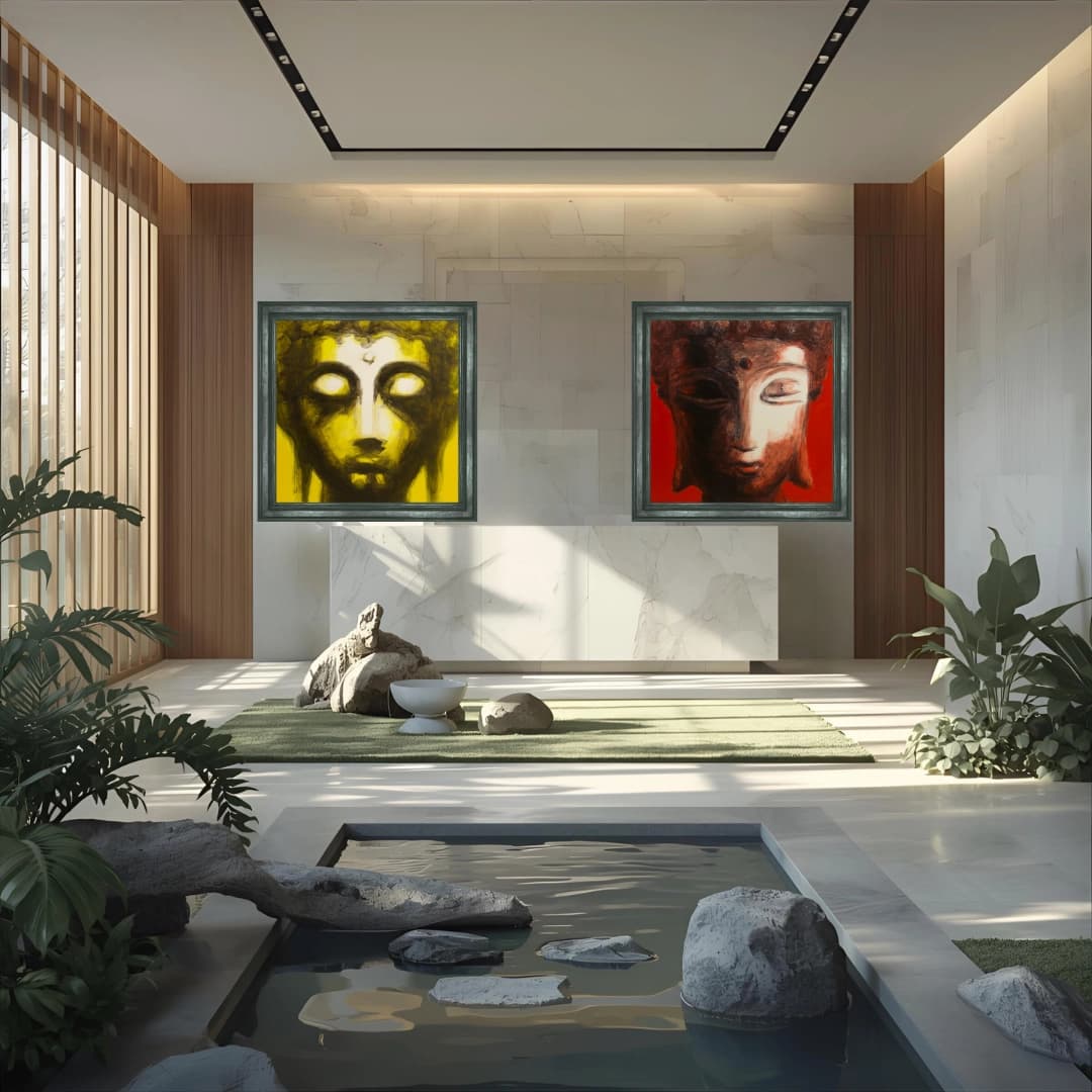 Yoga Studio zen garden room with yellow Buddha painting